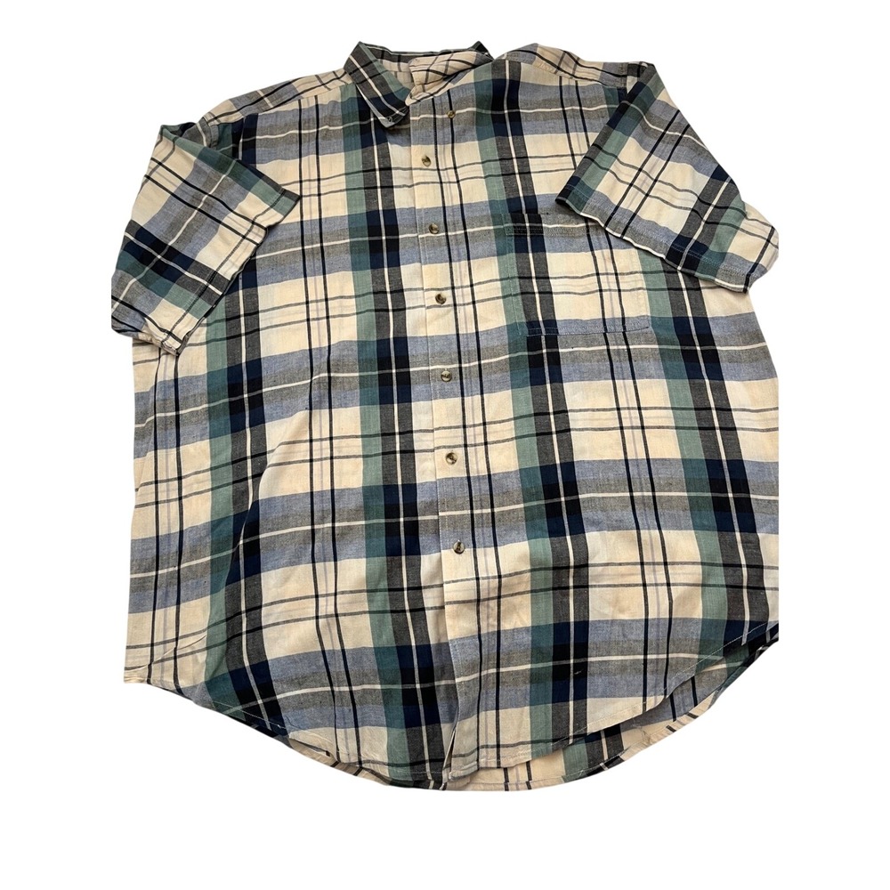 GreatLand Mens XL Plaid Short Sleeve Button Down Shirt Blue Green 100% Cotton